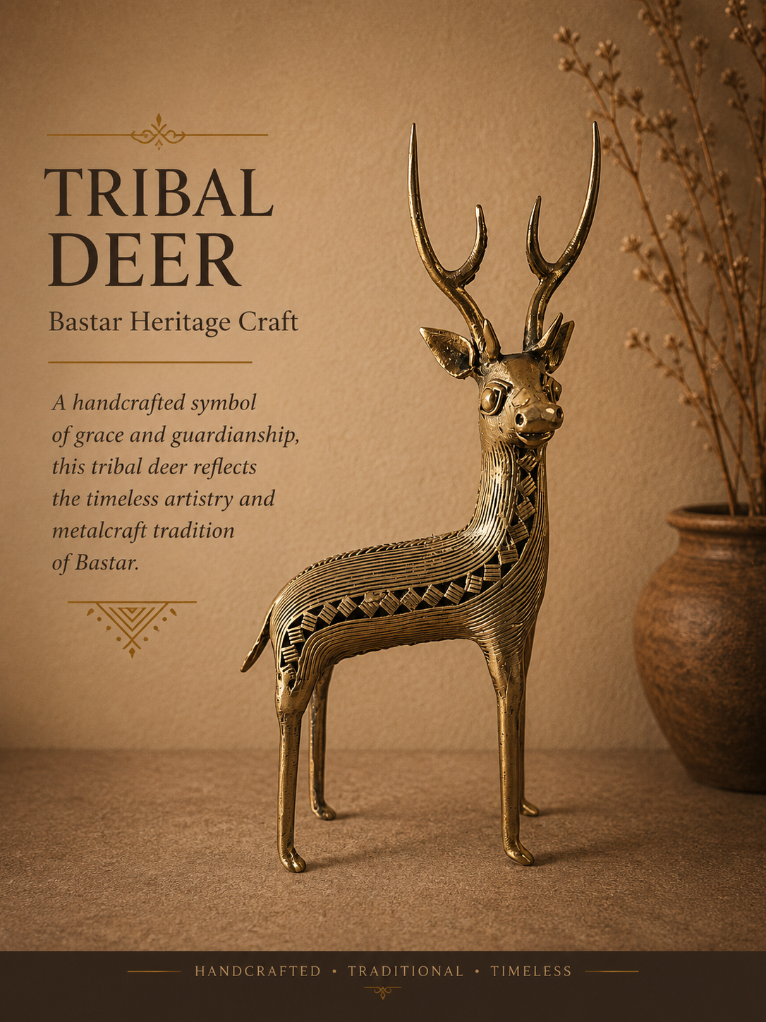 A minimalist wrought iron deer sculpture from the Bastar region. The deer is depicted with graceful, spindly legs and elegant antlers, featuring subtle decorative piercings in the metal. The photograph uses a cool-toned, high-key lighting approach that makes the dark iron pop against a light grey background. A perfect blend of rustic and modern design.