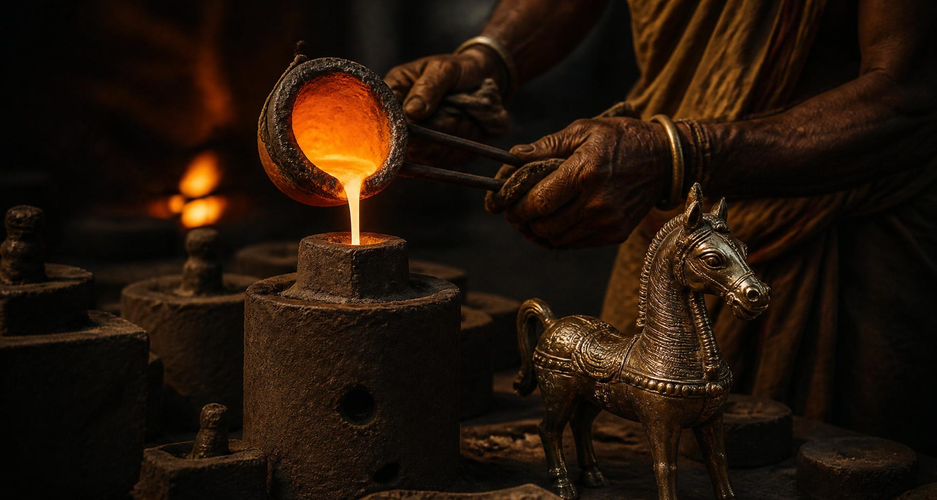 Close up shot of an artisan's hands meticulously working with molten metal in a traditional Bastar workshop. The focus is on the intricate textures of the metal and the weathered, skillful hands. The palette is dominated by warm earth tones, deep charcoals, and glowing gold highlights. Minimalist, premium gallery style.