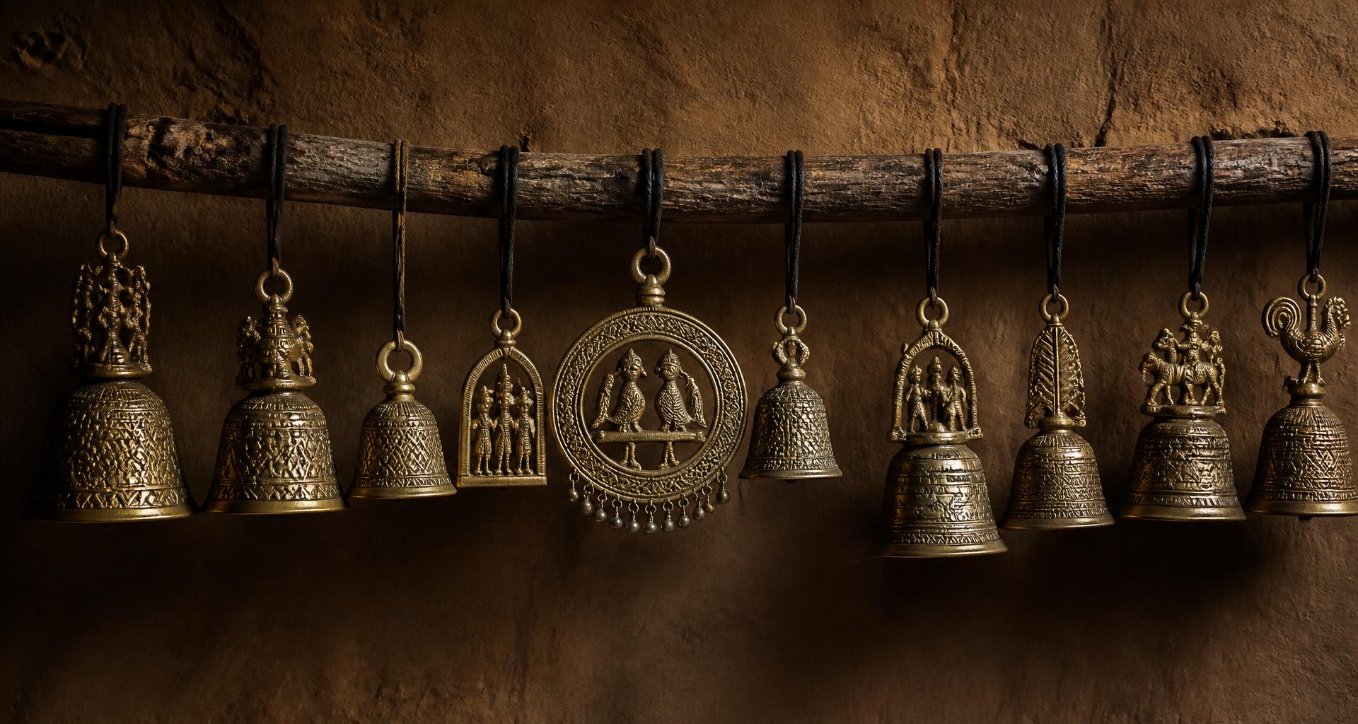 A collection of traditional Bastar metal bells hung in a curated arrangement against a textured ivory wall. The lighting creates subtle, long shadows that emphasize their geometric shapes. Luxury boutique display aesthetic with warm metallic accents.