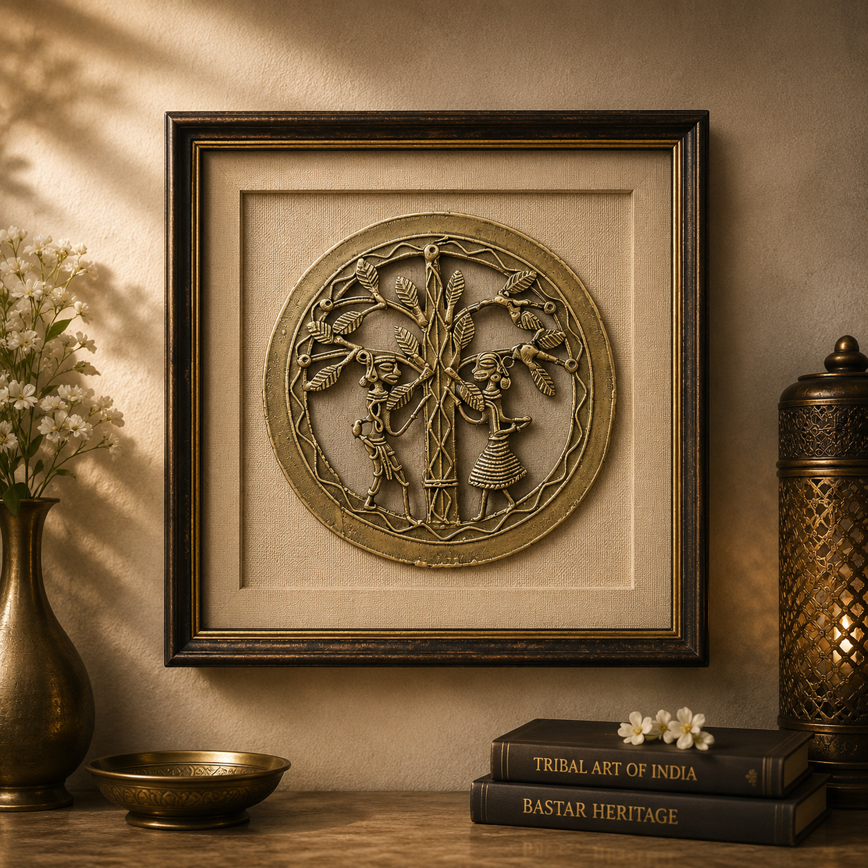Exquisite Bastar terracotta pottery with hand-painted tribal motifs in white clay. The pots are arranged on a rustic wooden bench against a sun-drenched mud wall. The image conveys a sense of organic, tactile beauty and sustainable craftsmanship.