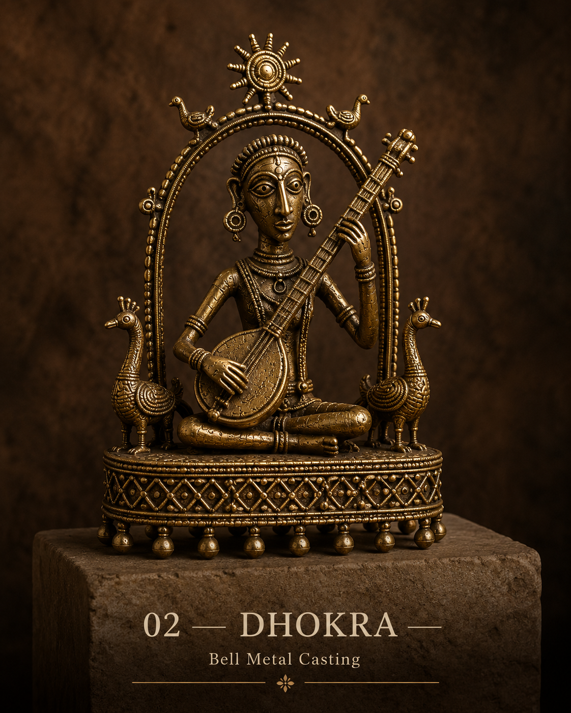 A series of Dhokra metal human figurines representing tribal dancers and musicians. The figures are captured in dynamic poses with incredible detail in their traditional attire. Photographed with a shallow depth of field in a warm, sophisticated lighting setup.