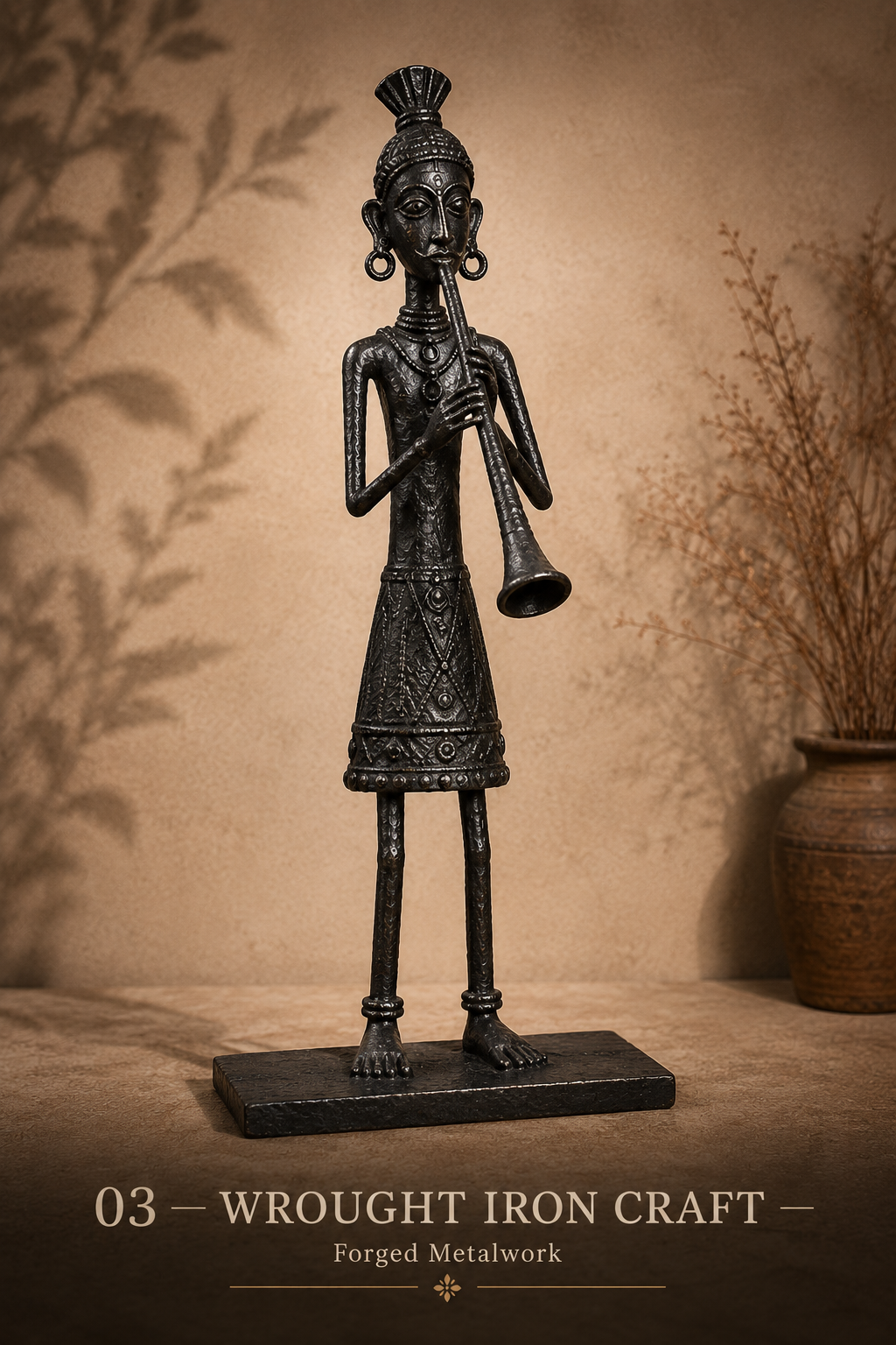 Wrought iron wall decor featuring geometric tribal patterns, mounted on a minimalist sandstone-textured wall. The iron has a matte black charcoal finish that contrasts beautifully with the warm wall. Soft directional lighting creates a modern gallery feel.