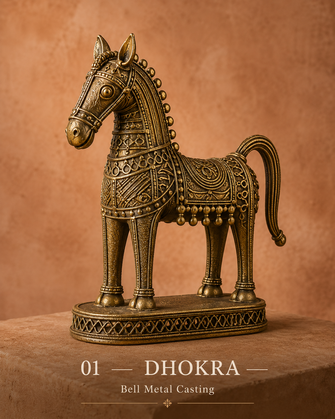 Close-up detailed macro shot of Dhokra metalwork texture showing the individual bronze threads and geometric tribal patterns. The metal has a warm antique gold finish with natural oxidation in the crevices. Minimalist composition on a cream background, emphasizing the handcrafted artisan quality of Bastar tribal art.