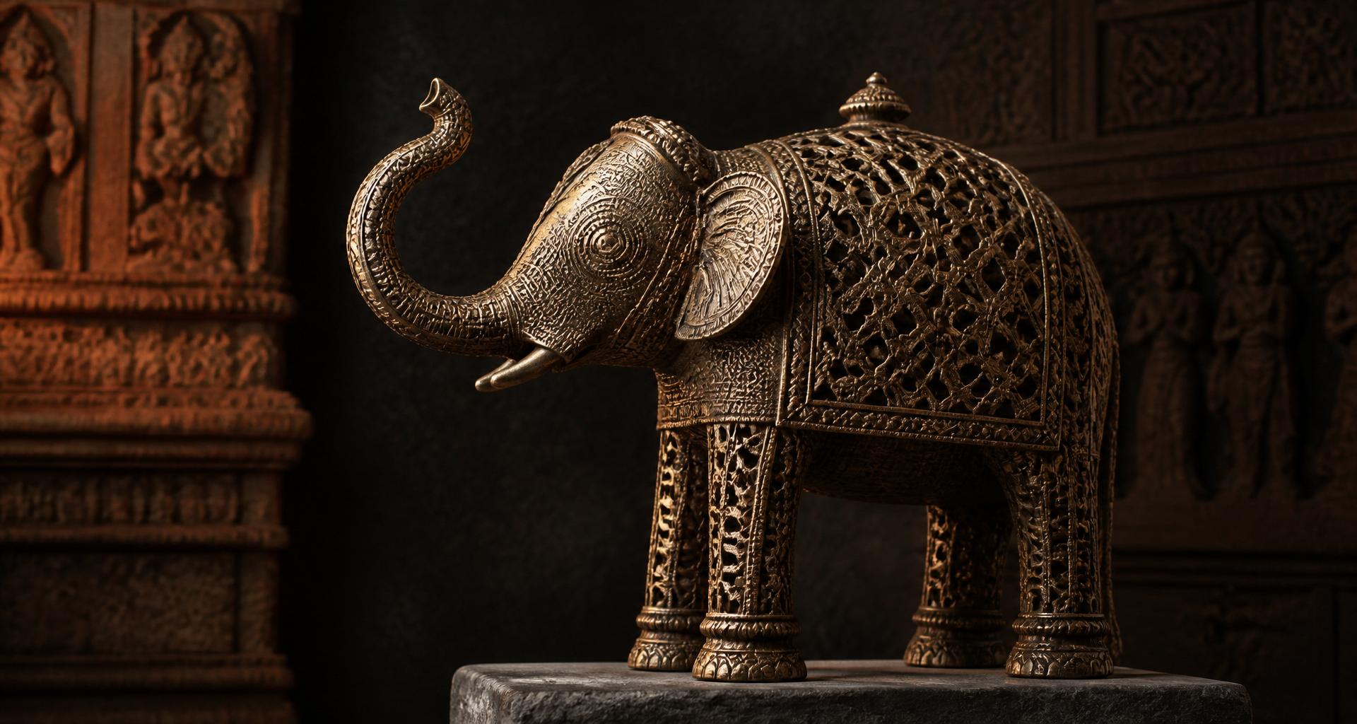 A majestic Dhokra metal elephant sculpture, adorned with intricate tribal engravings. The sculpture is centered in a minimalist, bright space on a pedestal. Luxury product photography with high contrast, highlighting the golden metallic sheen against a soft ivory background.