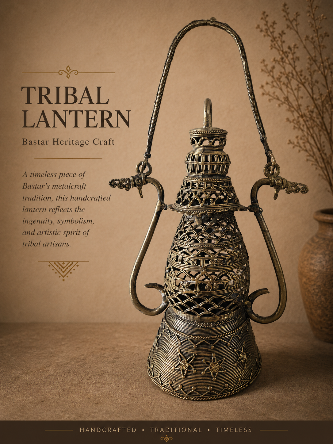 An ornate Terracotta tribal pot with intricate hand-painted geometric designs in white and terracotta clay tones. The pot has a distinctive rustic texture and is placed on a simple wooden plinth. Soft, diffused lighting creates a warm, earthy atmosphere in a high-end designer space. The focus is on the tactile quality of the traditional Indian pottery.